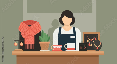 Flat illustration of a person working in a retail shop displaying handcrafted items and beverages