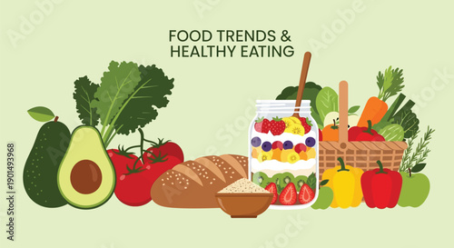 Nourishing Bites A vibrant display of wholesome foods and trending dietary choices