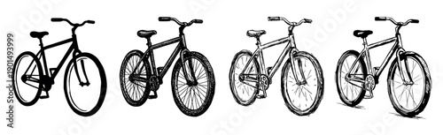 Set of four hand-drawn bicycle illustrations showing a progression from a simple black silhouette to a detailed ink sketch with hatching and texture