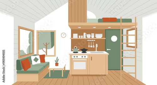Cozy minimalist tiny house interior design featuring a compact living area and kitchen with loft bed