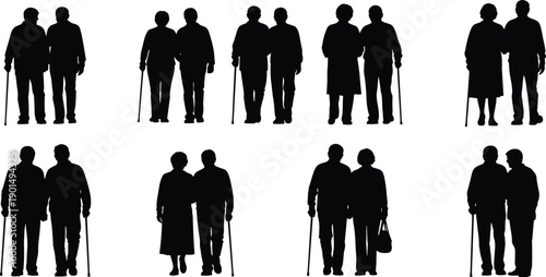 Elderly couples walking together in silhouette black