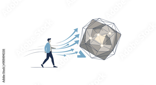 Vector illustration of businessperson pushing large 3D render metallic diamond with motion arrows, for marketing or finance concept, isolated on transparent background, png