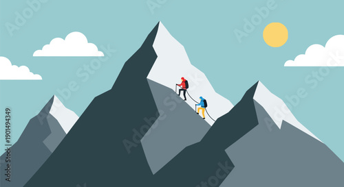 Two Climbers Ascend Jagged Mountain Peaks Under a Bright Sun and Clouds