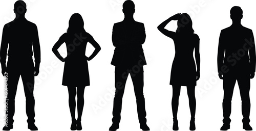 Five black silhouettes of business people standing in various poses