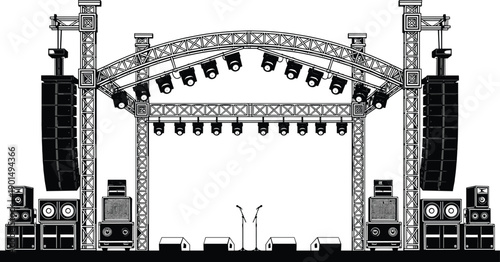 Concert stage with lighting and sound equipment lighting rig sound system speakers microphones