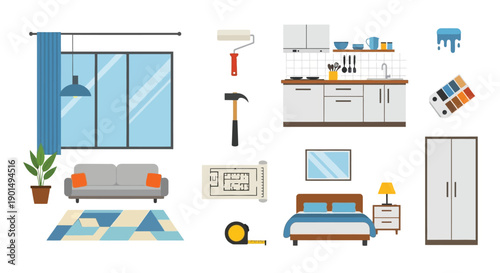 Collection of modern home interior elements and renovation tools for design projects