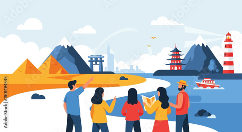 Diverse global landmarks and cultural icons depicted with tourists exploring various destinations