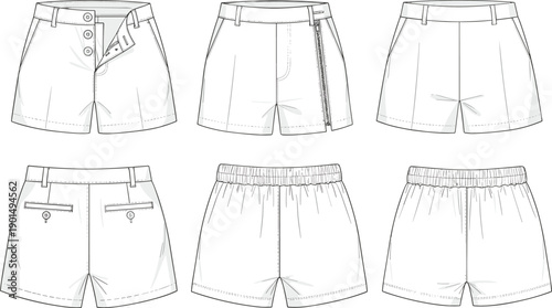Line of six different shorts with various waistbands and closures line fashion clothing apparel garments