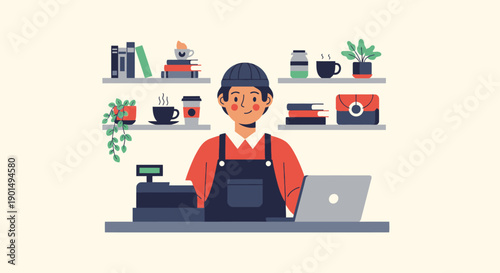 Charming illustration of a barista behind a counter serving coffee and books