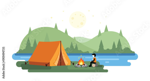 Serene nighttime camping scene with a person by a campfire beside a lake and lush green hills