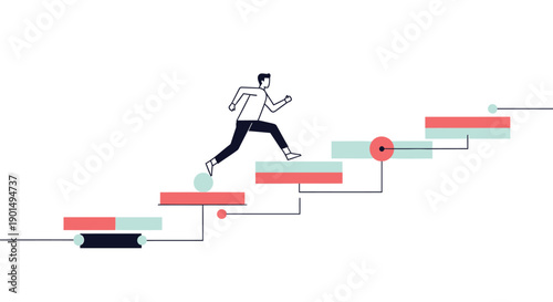 Vector illustration of a man running up a staircase made of colorful blocks, for business or motivation concept, Isolated on transparent background, png