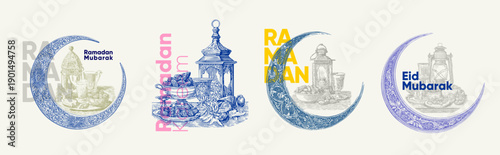 Engraving. Intricate illustration featuring crescent moons, lanterns, and traditional food items celebrating Ramadan and Eid. The design incorporates elegant calligraphy and vibrant colors.
