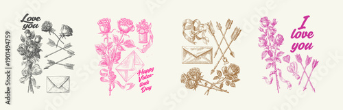 Engraving. Romantic vintage-style illustration featuring roses, arrows, and love letters. Perfect for Valentine's Day themes, expressing love and affection in a classic way.