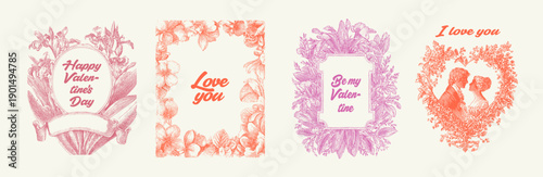 Engraving. A collection of vintage-style Valentine's Day cards featuring floral designs and romantic messages. Each card is uniquely framed with intricate botanical illustrations.