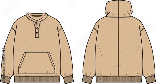 Tan henley hoodie with kangaroo pocket sweatshirt jacket