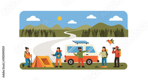 Diverse group of friends embarking on a vibrant camping adventure in a scenic mountain landscape