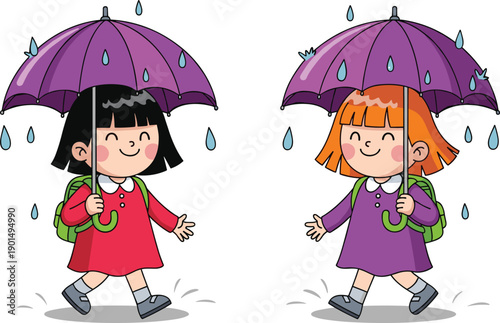 Two cartoon girls walking in rain with purple umbrellas children kids