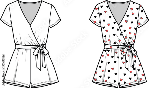 White romper with tie waist and heart pattern variation short sleeves