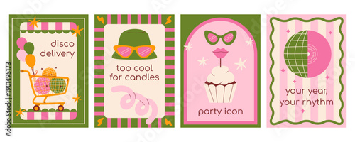 Collection of trendy birthday cards with disco ball, shopping cart with balloons, sunglasses, vinyl record, cupcake with lips. Modern retro flat vector minimalist illustration set for party, event