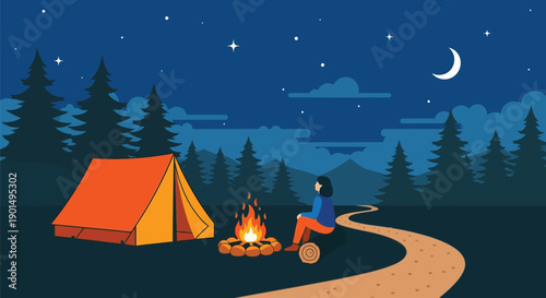 Serene night camping scene with a lone figure by a campfire under a starry sky