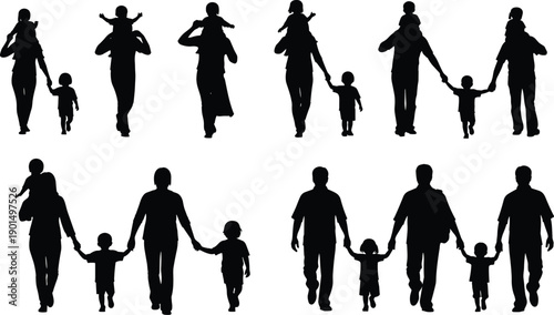 Black silhouettes of adults and children walking holding hands white background 1