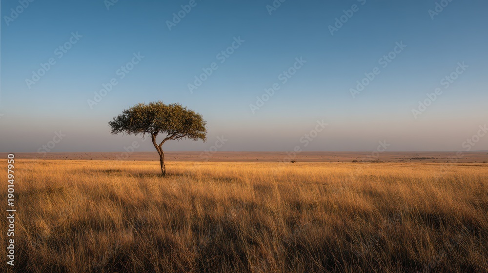 Fototapeta premium Savanna Ecology Scene: One Tree, Tall Grasses, Distant Wildlife, Masai Mara