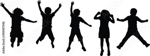Black silhouettes of children jumping on white background kids