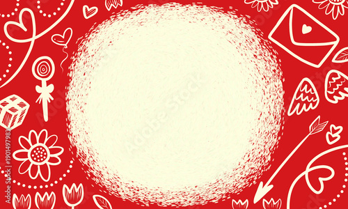 Valentine's day background with hand drawn love doodles on red. Template for Banner, background and etc.