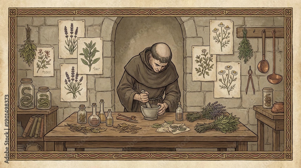 Naklejka premium A medieval monk herbalist prepares traditional medicine in an apothecary workshop.