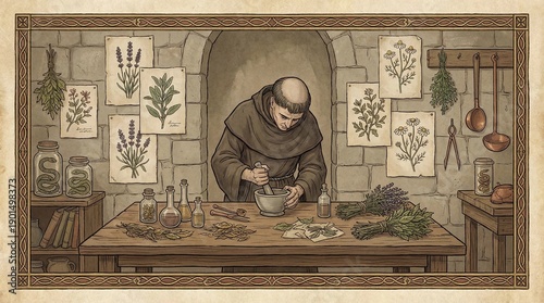 A medieval monk herbalist prepares traditional medicine in an apothecary workshop.