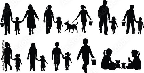 Black silhouettes of people and pets walking and playing children adults