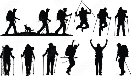 Black silhouettes of people hiking with backpacks and trekking poles 1