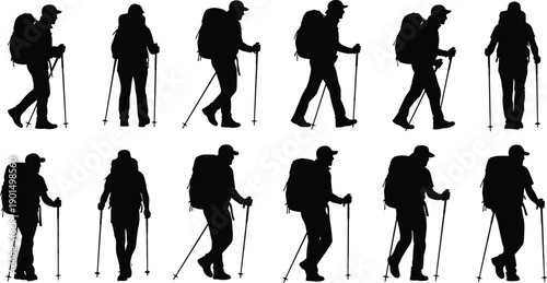 Black silhouettes of people hiking with backpacks and trekking poles 2