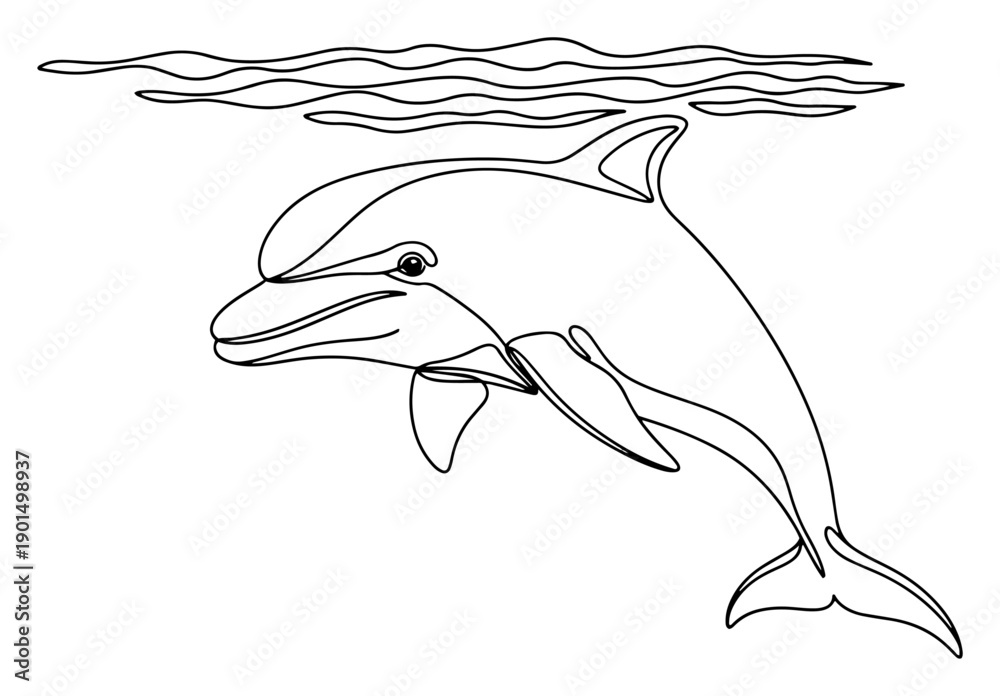 Obraz premium Dolphin swimming underwater one line drawing, continuous line art of marine mammal for sea life and ocean nature