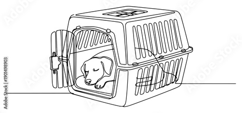 Puppy in travel carrier one line drawing, continuous line art of dog in transport crate for air travel or car trip