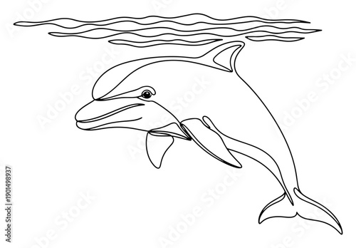 Dolphin swimming underwater one line drawing, continuous line art of marine mammal for sea life and ocean nature