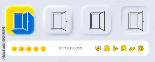 Open door line icon. Neumorphic, Flat shadow, 3d buttons. Entrance doorway sign. Building entry symbol. Line open door icon. Social media icons. Vector