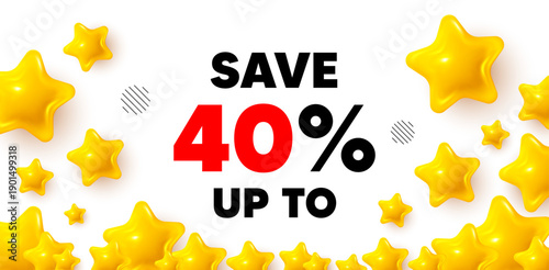 Discount winner banner with 3d stars. Golden stars banner. Save up to 40 percent. Discount Sale offer price sign. Special offer symbol. Review rate background. Vector