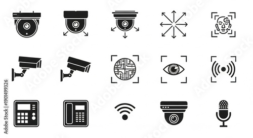robust security, surveillance, and communication systems, showcasing cameras, biometric sensors, and network signals for comprehensive digital protection