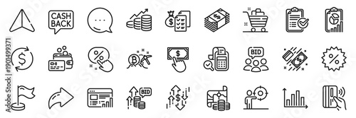 Dollar exchange, Survey checklist and Bid offer line icons pack. Share, Message, Paper plane icons. Web report, Accounting wealth, Card web icon. Vector