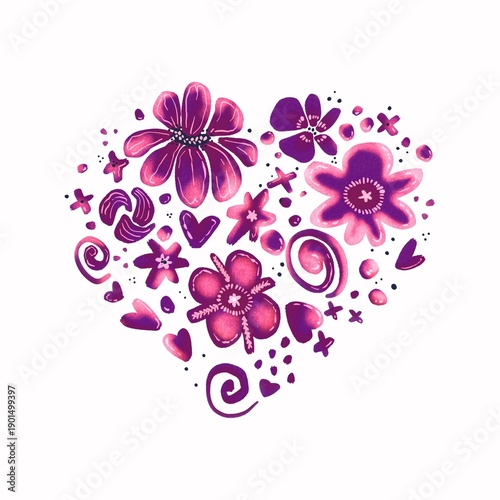 Cute purple pink floral clip art, heart shaped print for t-shirts,  shopper bags