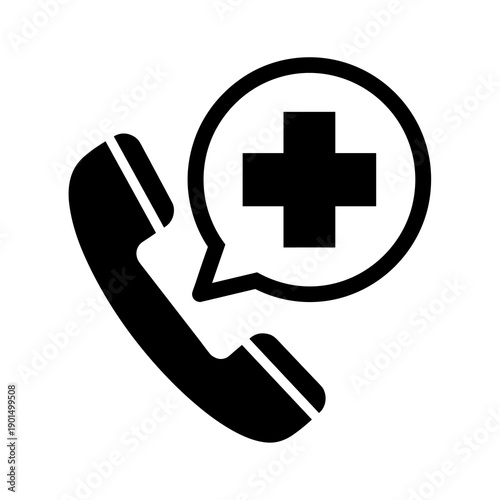 Emergency Call Icon: A minimalist icon depicting a telephone handset alongside a speech bubble containing a prominent medical cross, symbolizing the critical need for immediate medical assistance.