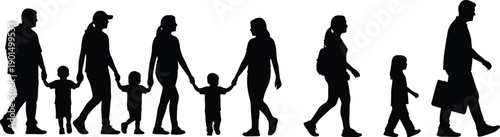 Black silhouettes of people walking alone and with children adults