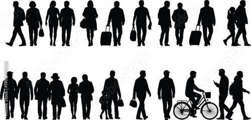 Black silhouettes of people walking and riding bicycle on white background standing sitting