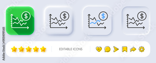 Dollar rates line icon. Neumorphic, Flat shadow, 3d buttons. Currency exchange sign. Money trade symbol. Line dollar rate icon. Social media icons. Vector