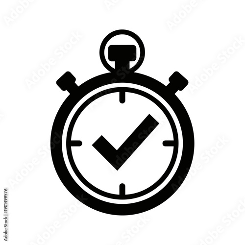 Time Management and Precision: A bold, stylized stopwatch with a check mark, representing efficiency, accuracy, and achieving deadlines.