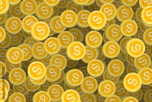 Gold dollar coins background, finance and success concept, vector illustration of shiny golden money pattern, flat design style for business, wealth, investment, banking, and savings projects.