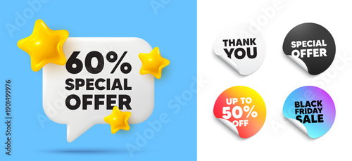 Discount speech bubble, sticker tags. Discount, Black friday stickers. 60 percent discount offer tag. Sale price promo sign. Special offer symbol. Thank you tag. 3d stars chat bubble. Vector