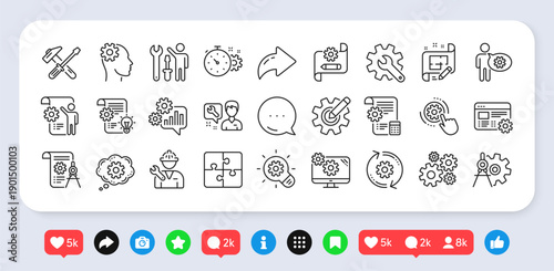 Engineering line icons. Social media: share, comment, like icons. Set of Dividers tools, Idea bulb and Blueprint linear icons. Cogwheel, calculate price, mechanical tools. Vector