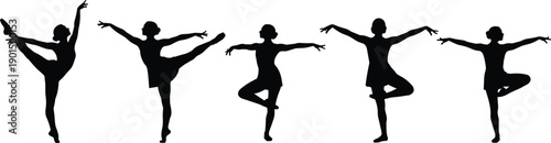 Five black silhouettes of ballet dancers in various poses white background